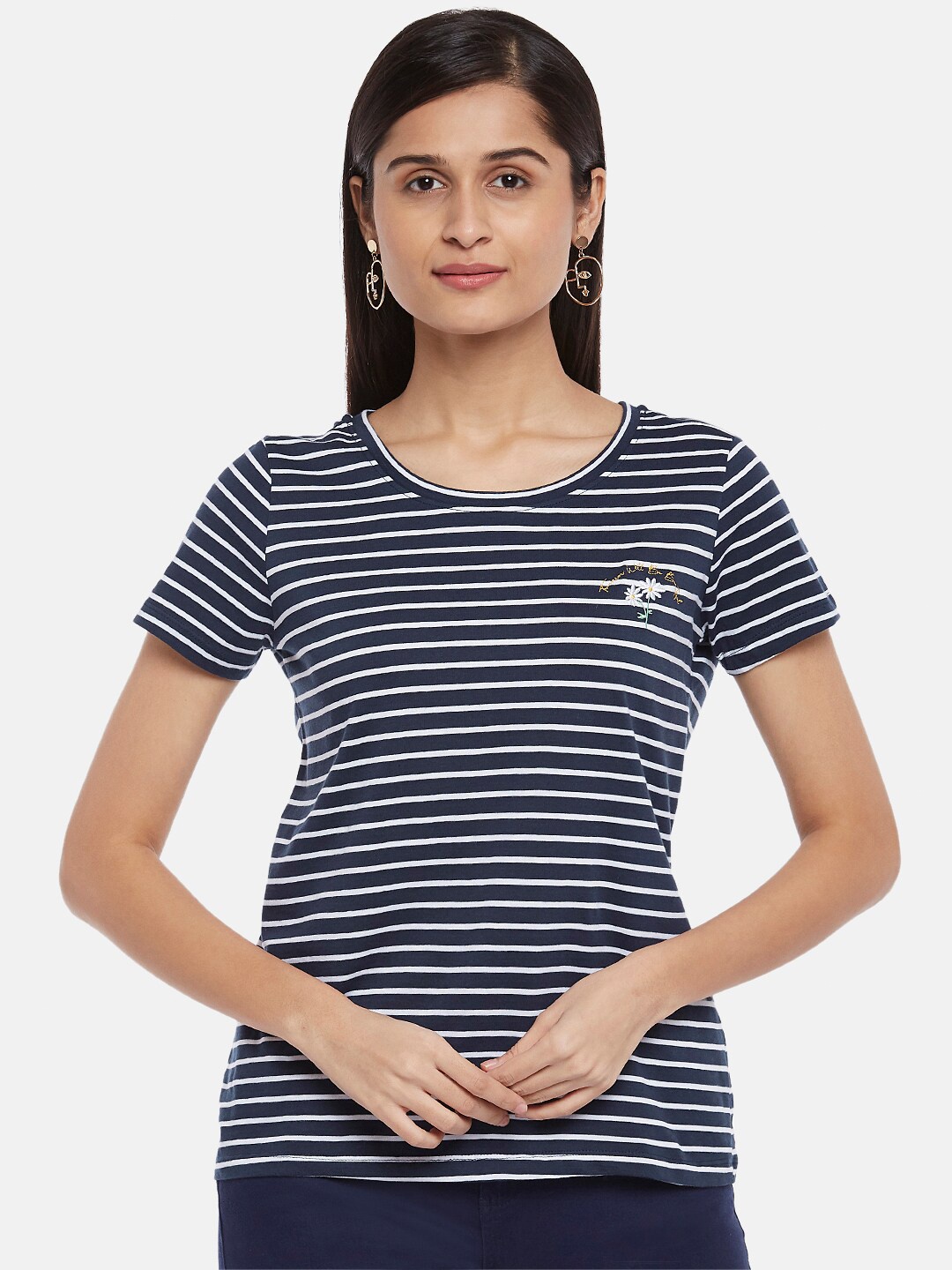 

Honey by Pantaloons Woman Navy Blue Striped Pure Cotton T-shirt