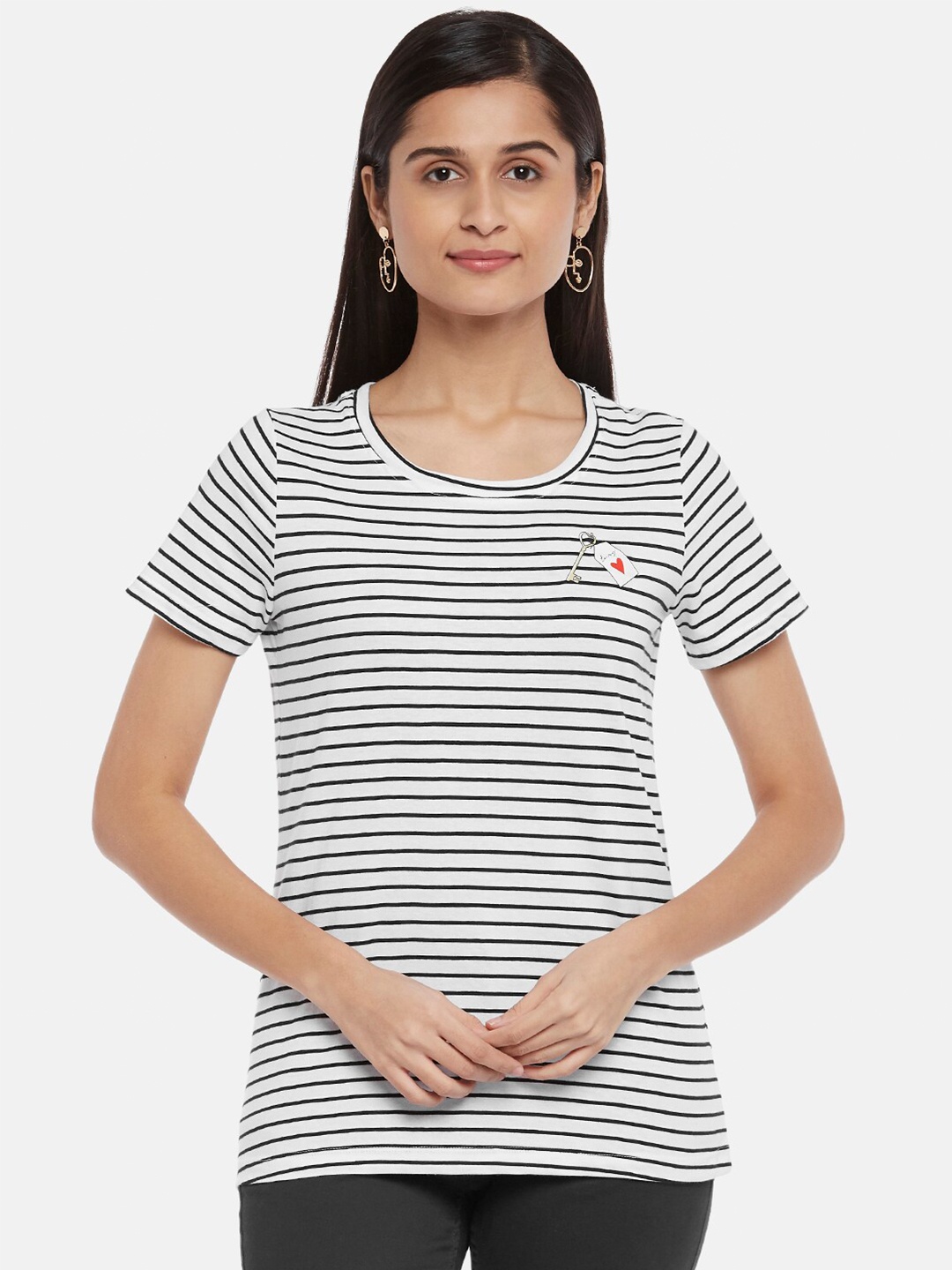 

Honey by Pantaloons Women Black & White Striped Pure Cotton T-shirt