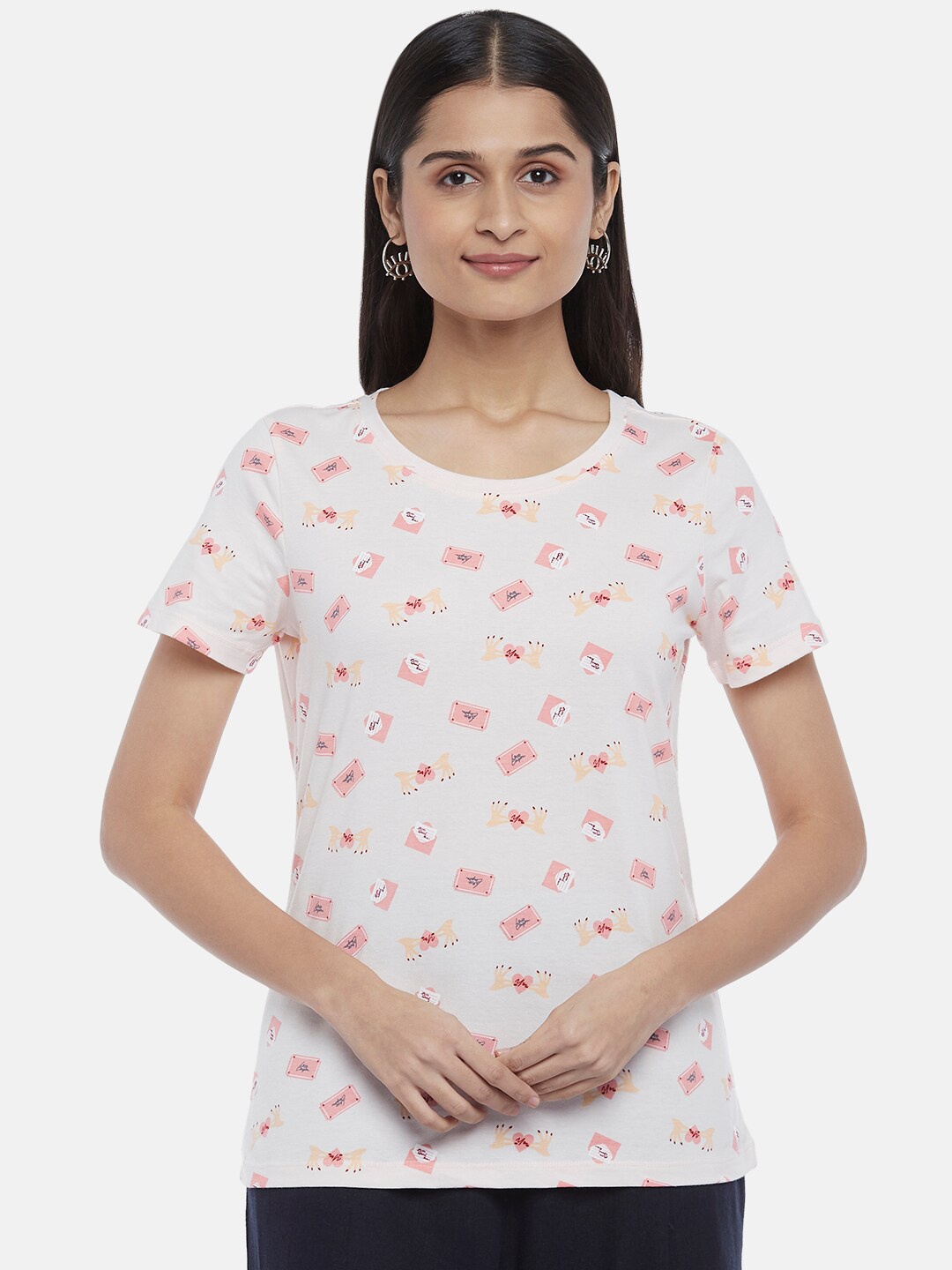 

Honey by Pantaloons Women Light Pink Printed Pure Cotton Regular Fit T-shirt