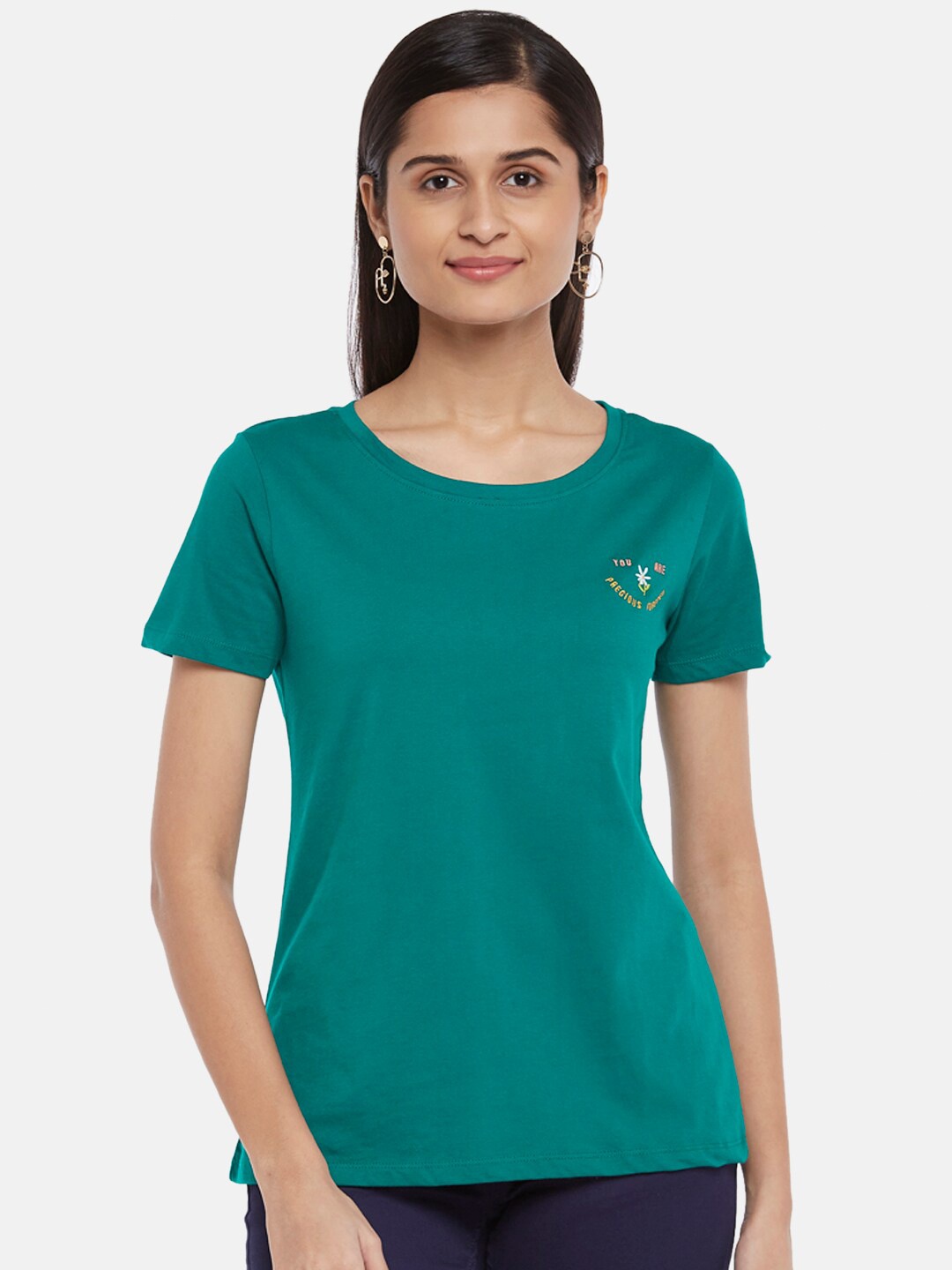 

Honey by Pantaloons Women Teal Pure Cotton T-shirt
