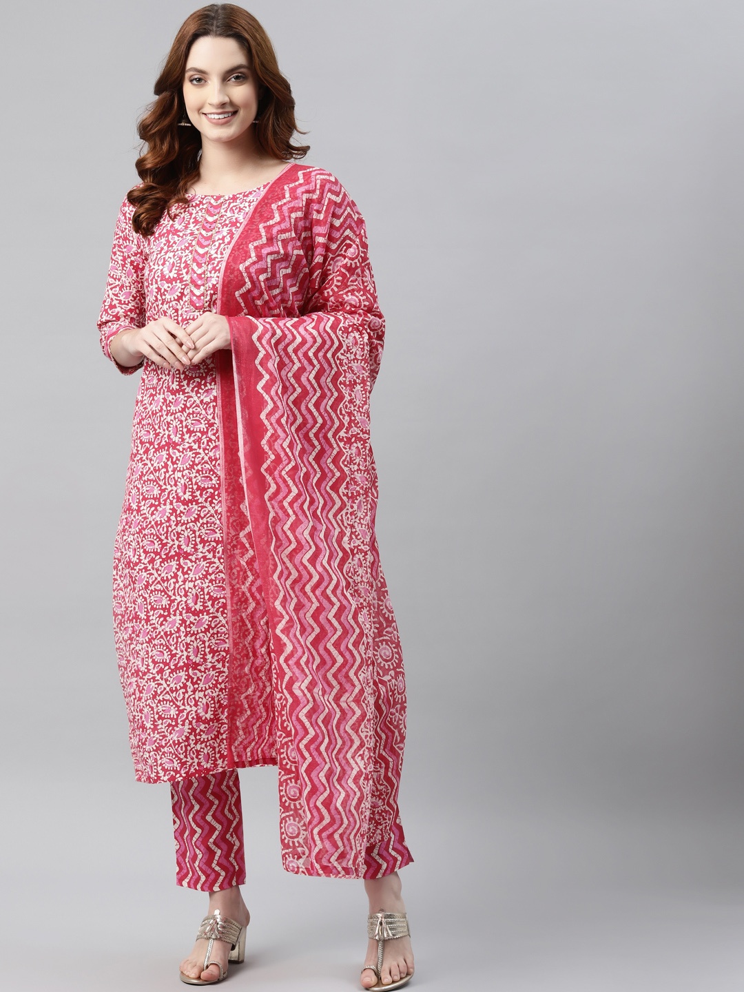 

RAJGRANTH Women Pink Ethnic Motifs Printed Pure Cotton Kurta with Trousers & Dupatta