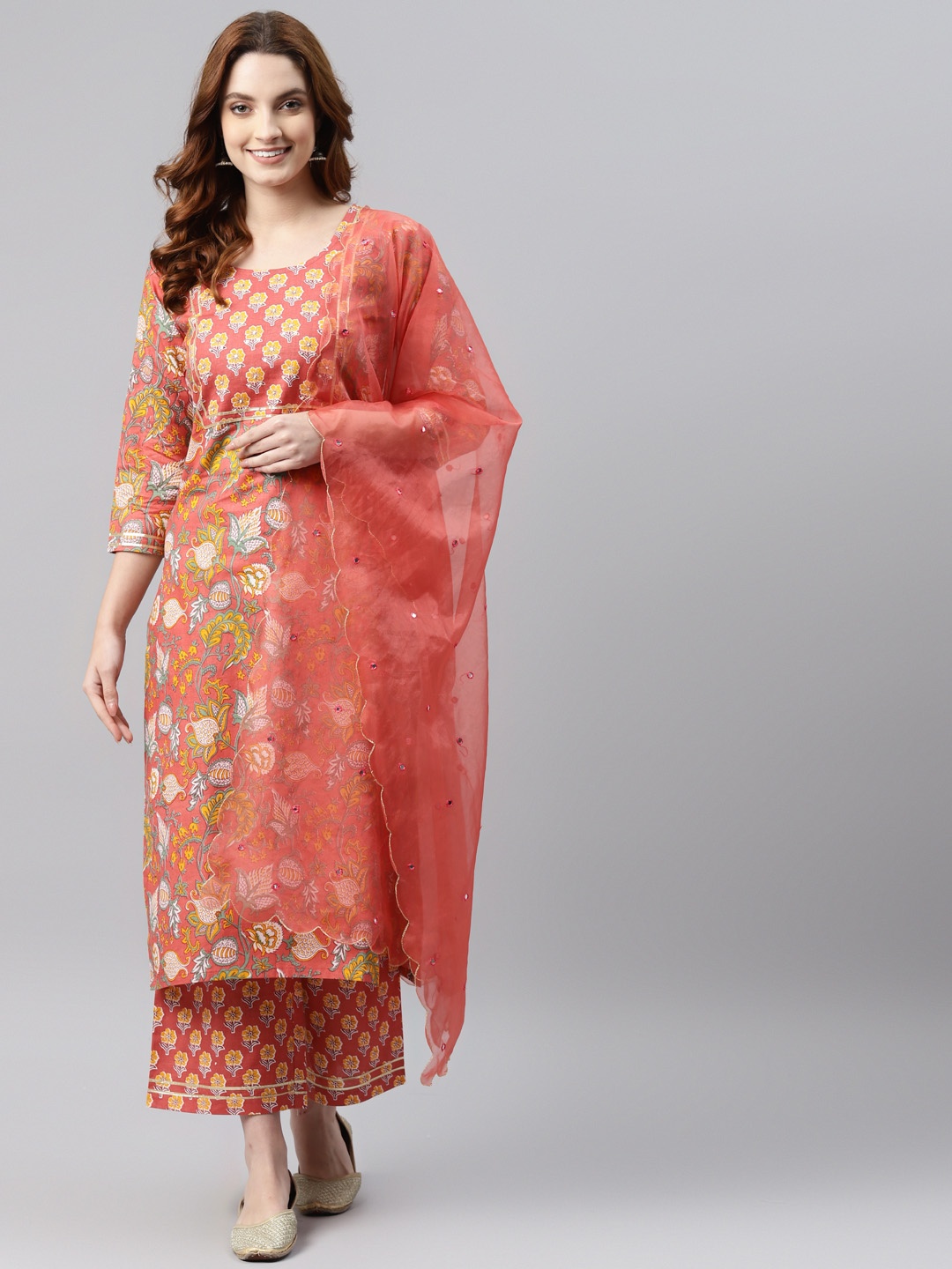 

RAJGRANTH Women Peach-Coloured Pure Cotton Floral Printed Kurta with Palazzos & Dupatta
