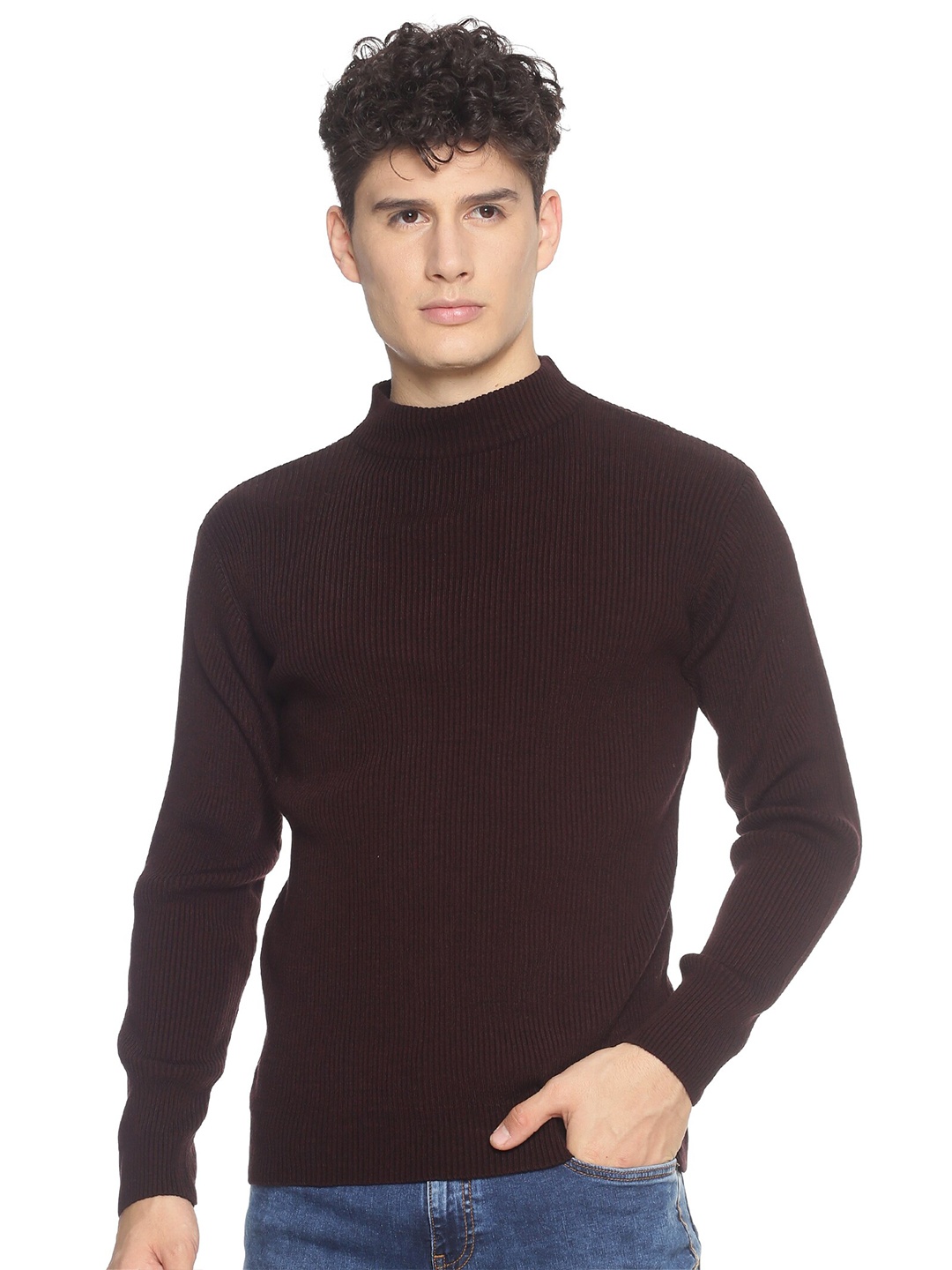 

513 Men Acrylic Brown Ribbed Pullover