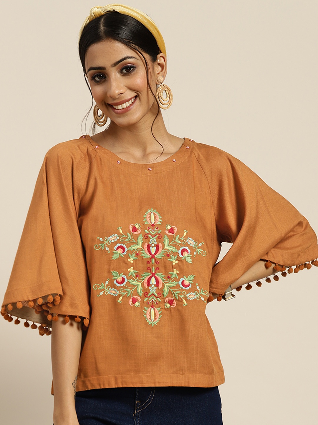 

Sangria Coral Orange & Green Embroidered Cotton Top