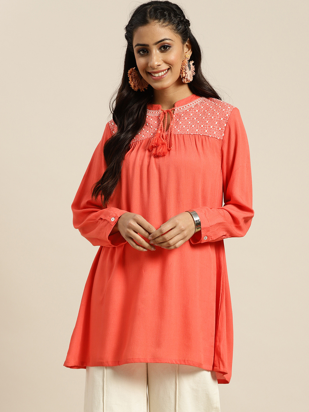 

Sangria Coral Pink & White Embroidered Kurti