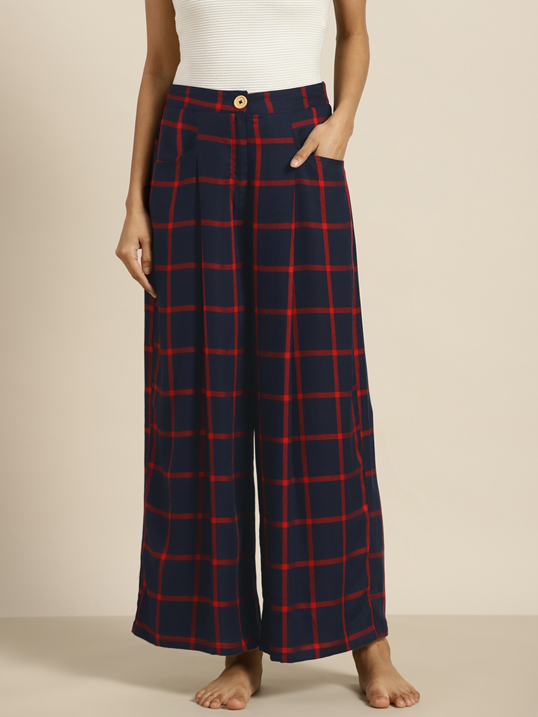 

Sangria Women Navy Blue & Red Checked Cotton Lounge Pants