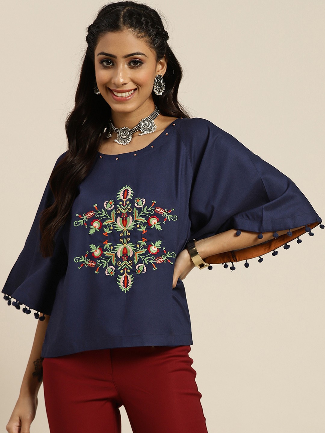 

Sangria Navy Blue & Green Embroidered Cotton Top