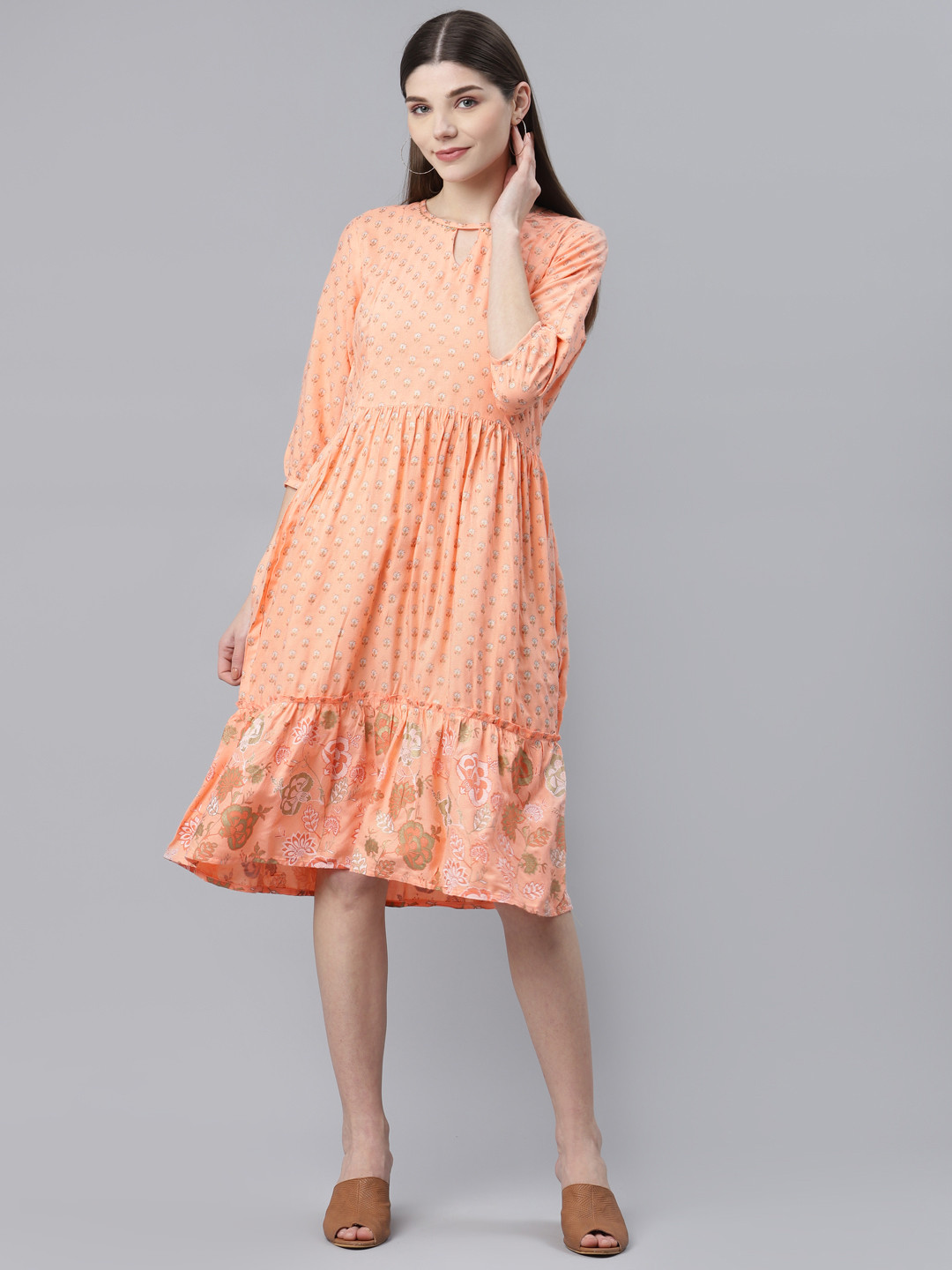 

SILVER STOCK Peach-Coloured & Beige Printed A-Line Dress