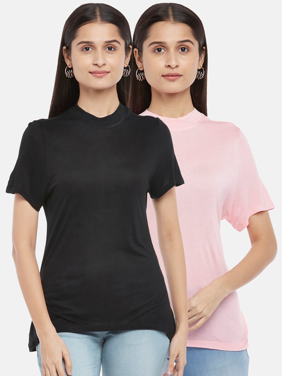

People Women Pack of 2 Pink & Black T-shirt