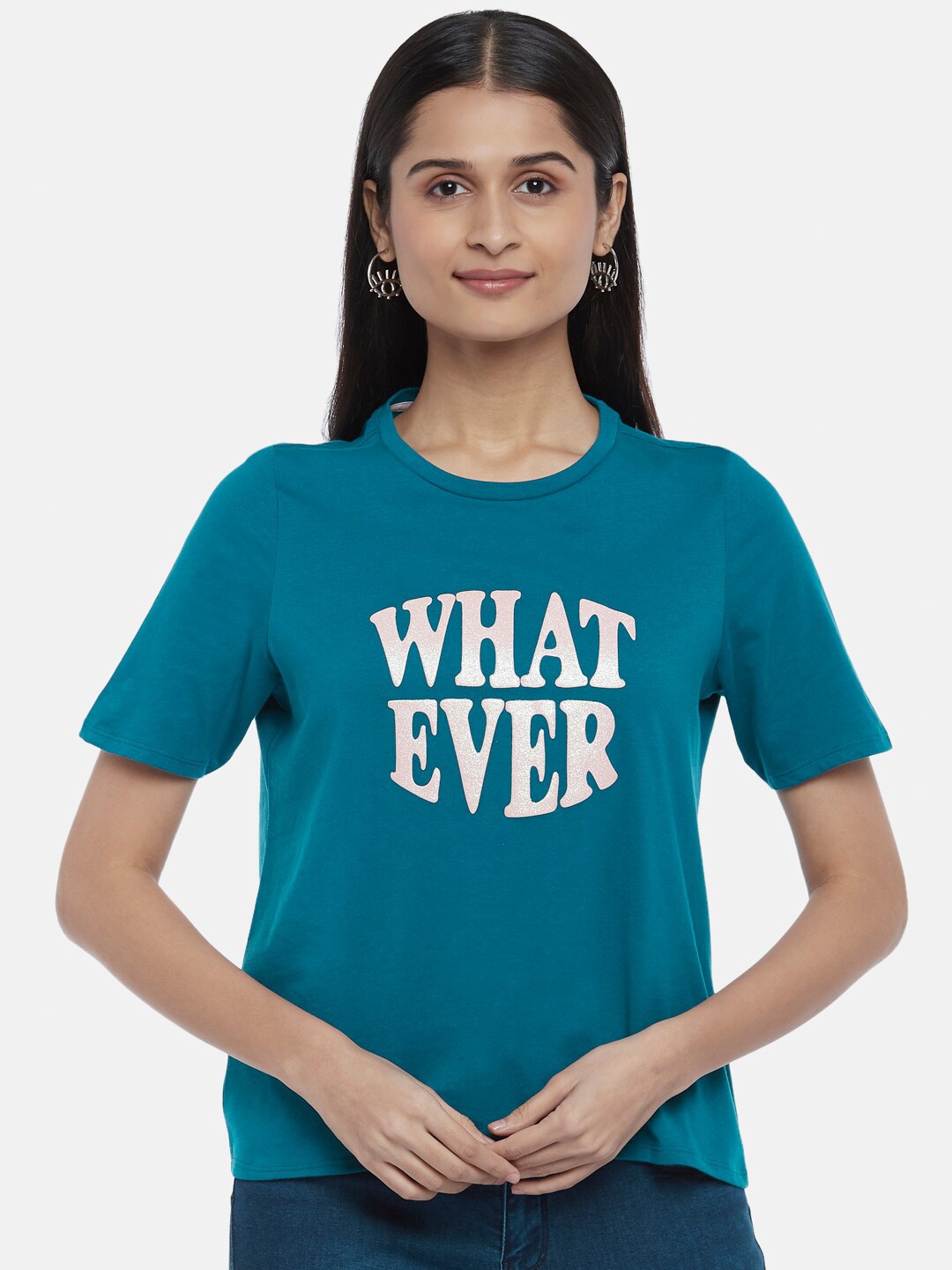 

People Women Blue Typography Printed Pure Cotton T-shirt