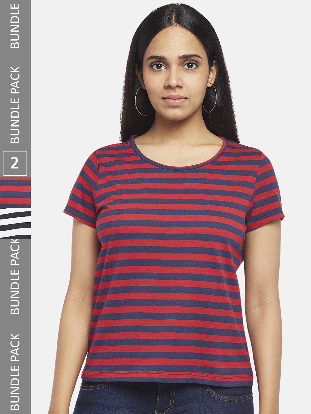 

People Woman Pack of 2 Black & Navy Blue 2 Striped T-shirt