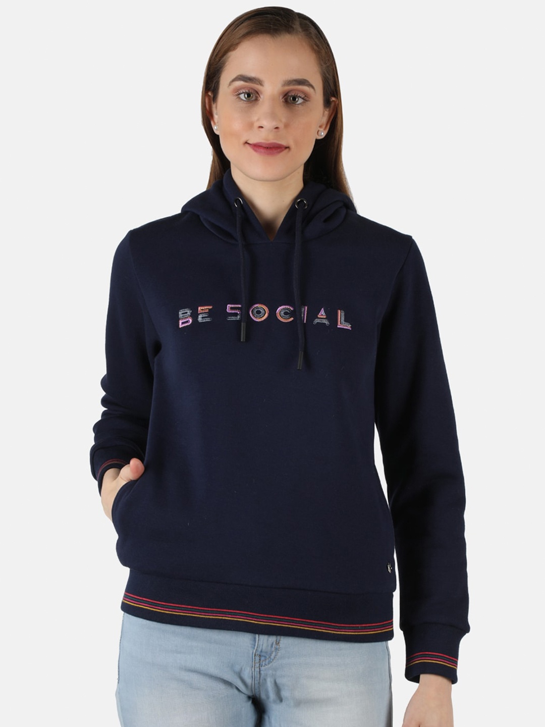 

Monte Carlo Women Blue Printed Hooded Sweatshirt
