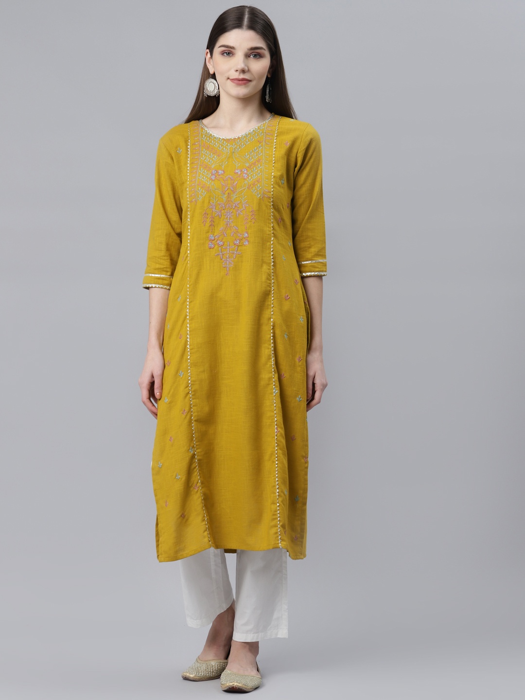 

SILVER STOCK Women Mustard Yellow Pure Cotton Embroidered Gotta Patti Floral Kurta