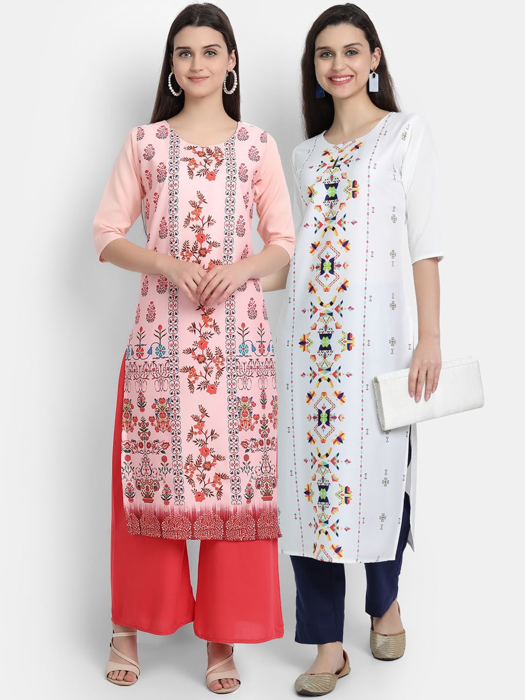 

7Threads Women Pack of 2 Pink & White Printed Kurta