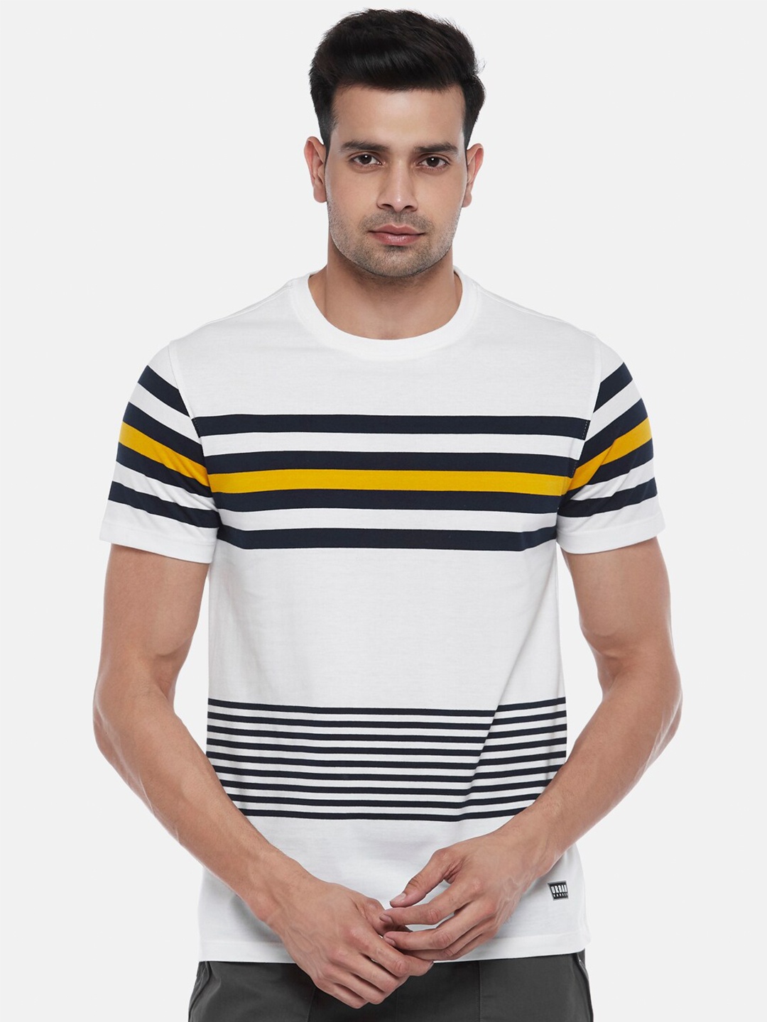 

Urban Ranger by pantaloons Men White & Yellow Striped Round Neck Pure Cotton T-shirt