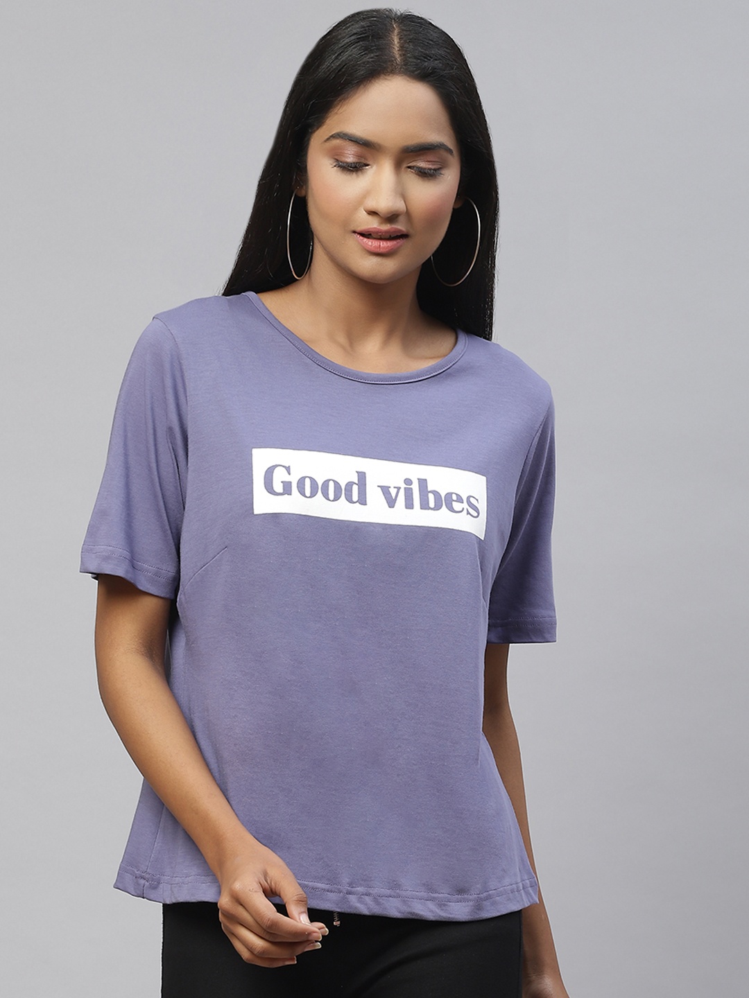 

plusS Women Purple & White Typography Print Cotton T-shirt