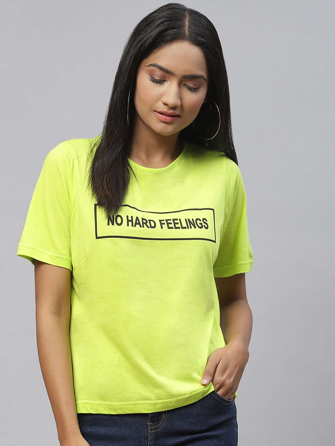 

plusS Women Fluorescent Green & Black Typography Print Cotton T-shirt