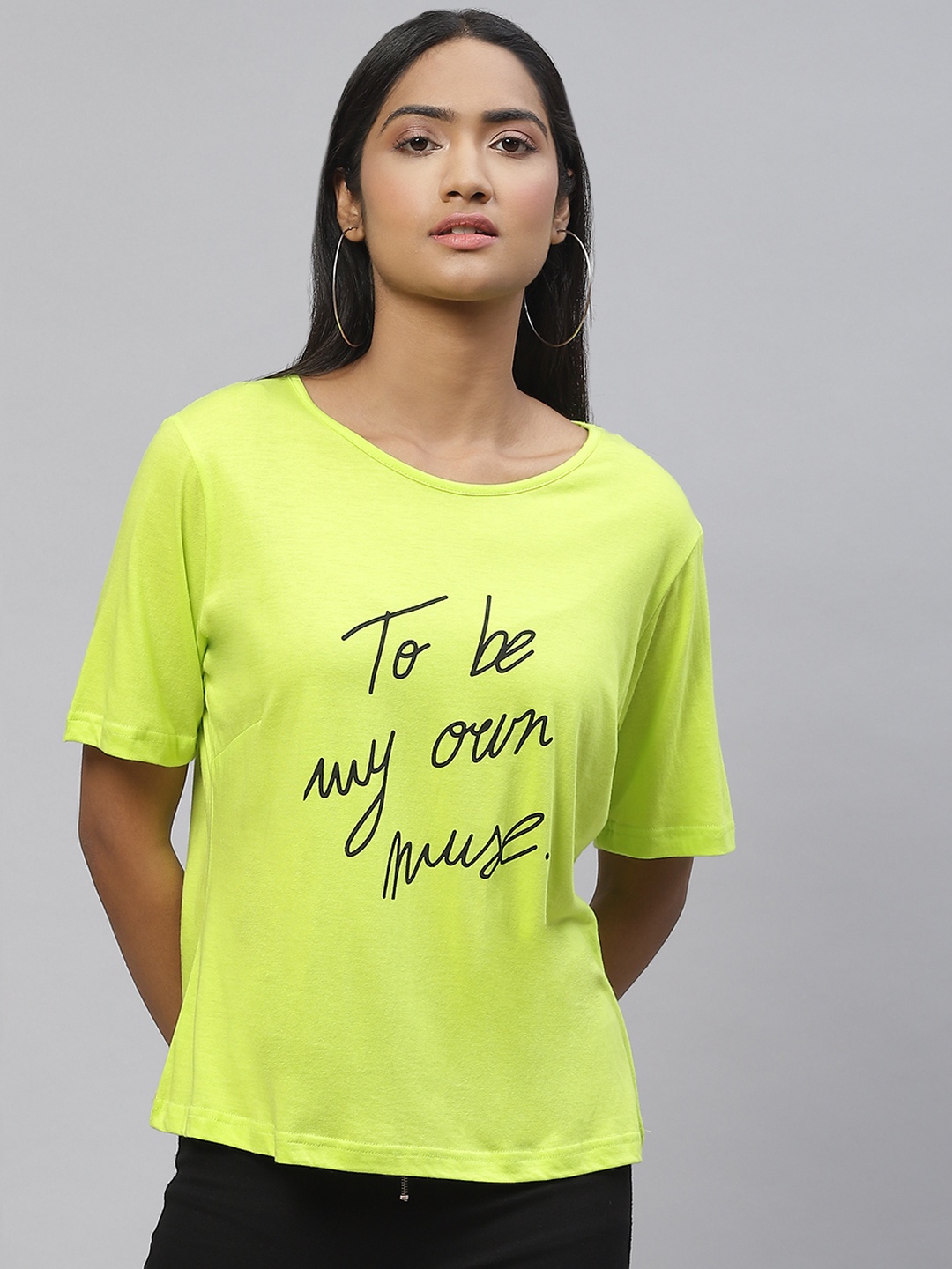 

plusS Women Fluorescent Green & Black Typography Printed T-shirt