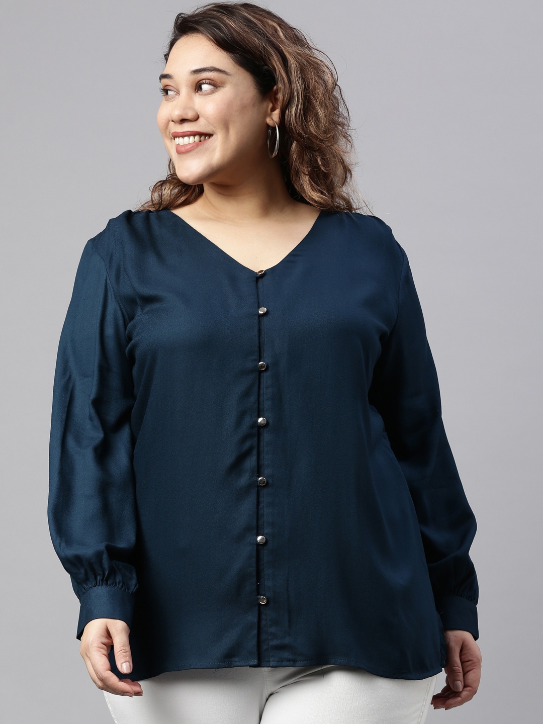 

The Pink Moon Teal Crepe Shirt Style Top