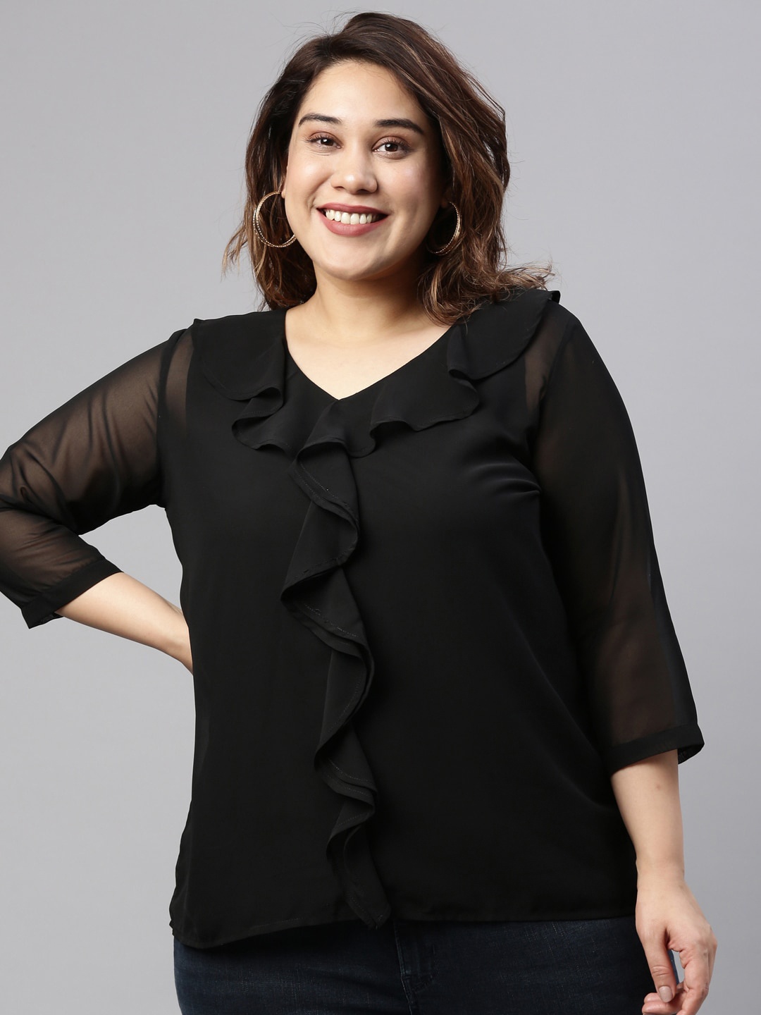 

The Pink Moon Black Ruffles Georgette Top