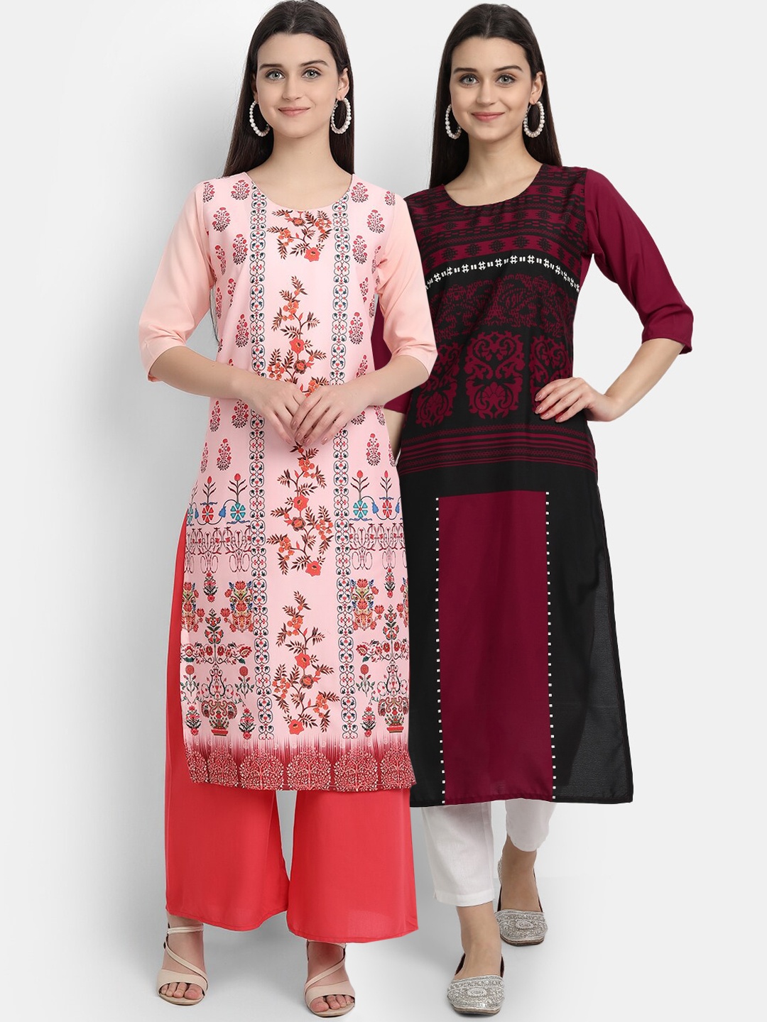 

7Threads Women Pink & Maroon Set of 2 Ethnic Motifs Printed Crepe Kurta