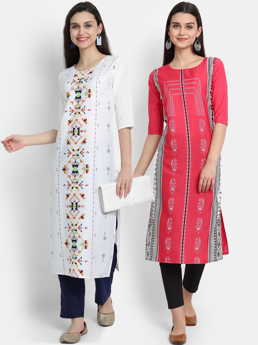 

7Threads Women Pack of 2 White & Pink Tribal Printed Crepe Straight Kurta