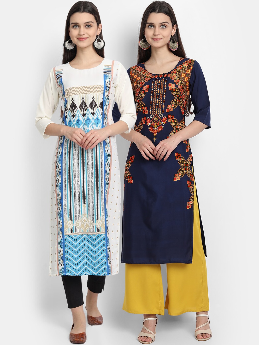 

7Threads Women Pack of 2 Navy Blue & White Ethnic Motifs Printed Crepe Straight Kurta