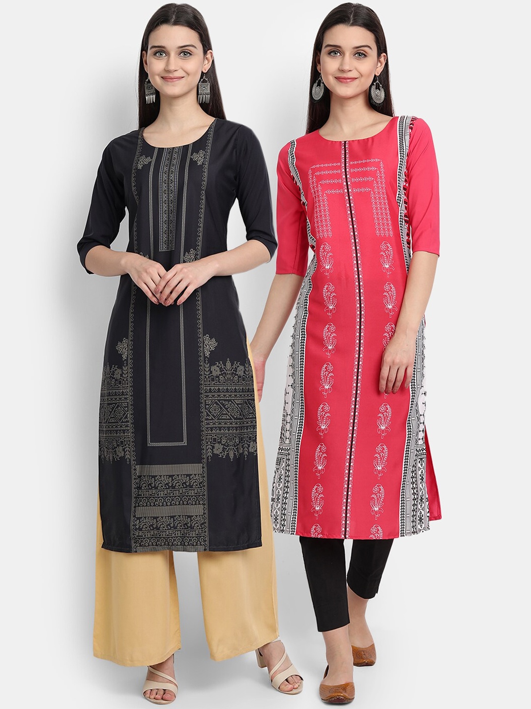 

7Threads Women Pack of 2 Black & Pink Ethnic Motifs Printed Kurta