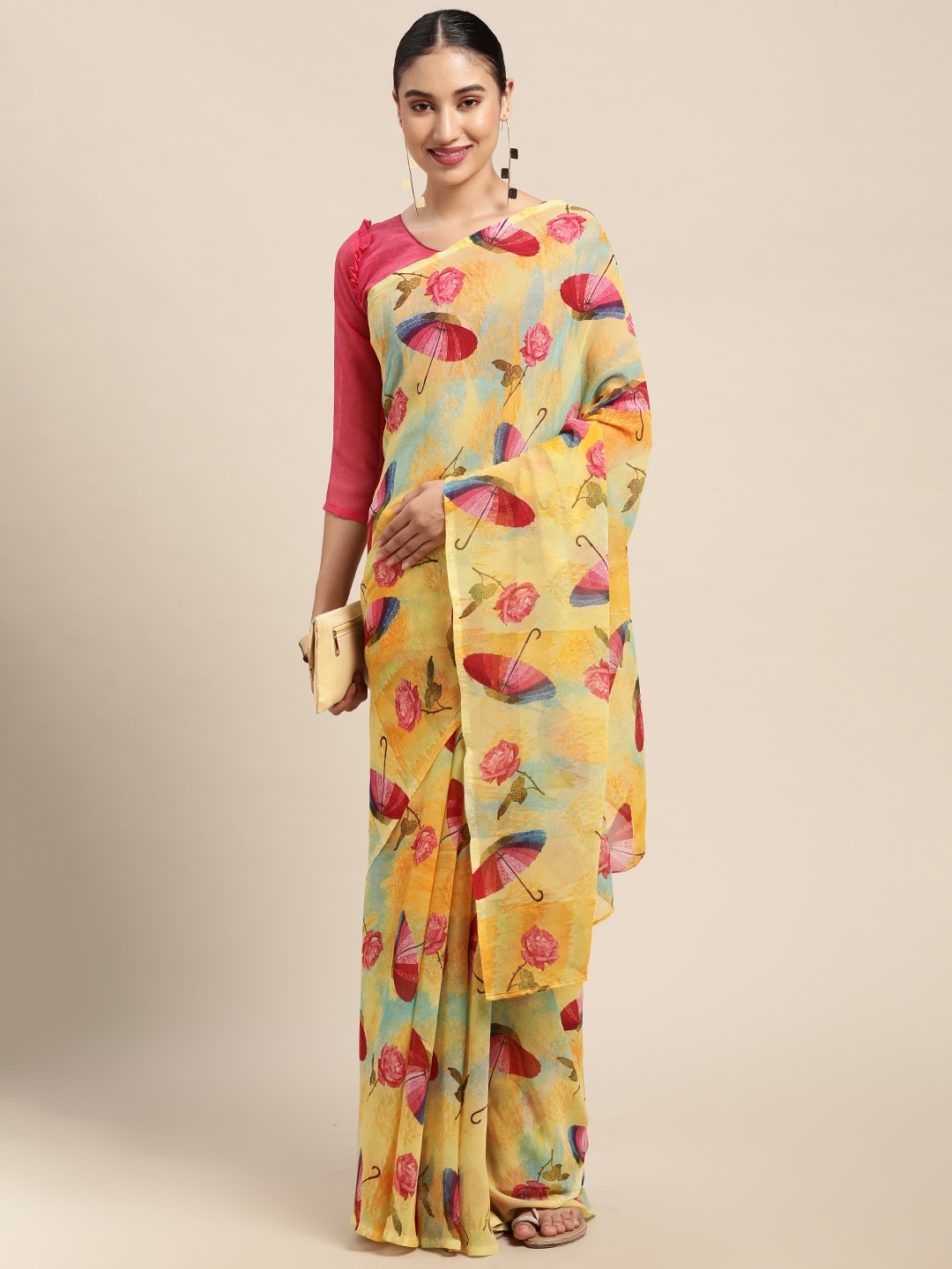 

KALINI Women Yellow & Pink Floral Printed Saree
