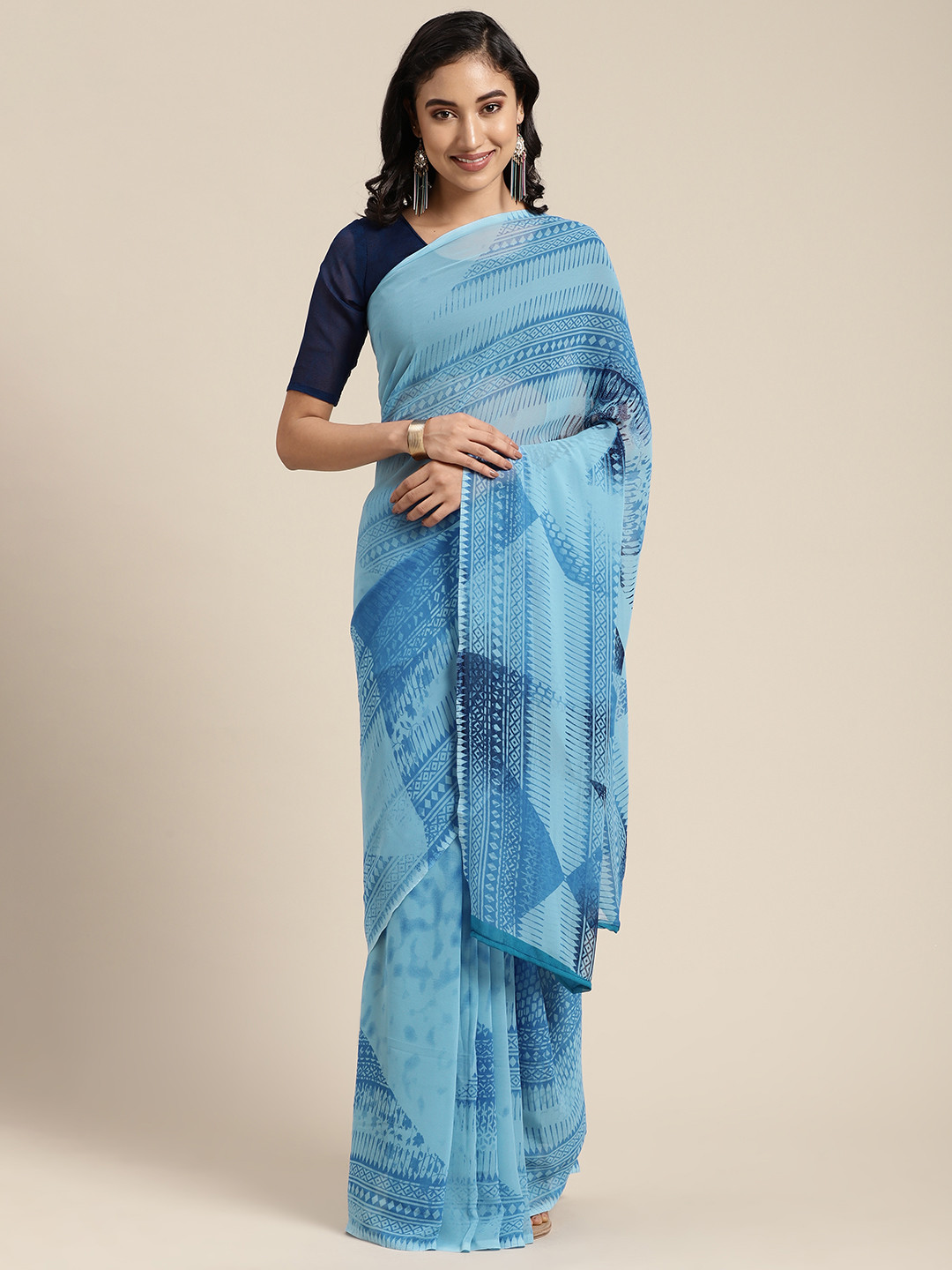 

KALINI Blue Geometric Print & Dyed Poly Georgette Saree