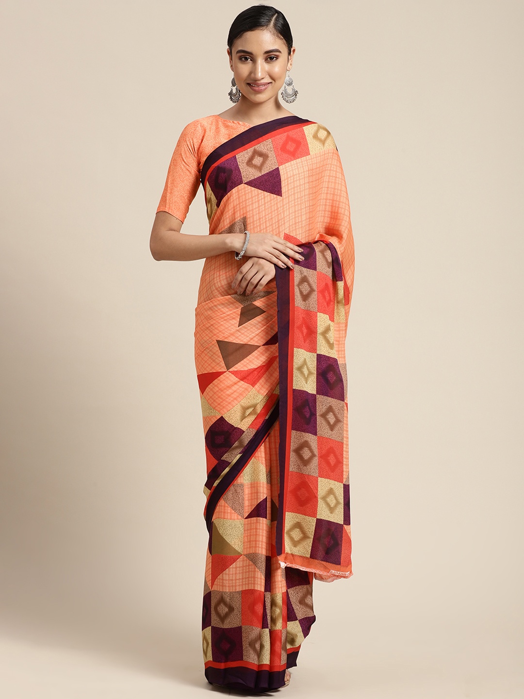 

KALINI Peach Pink & Purple Geometric Print & Checked Poly Georgette Saree