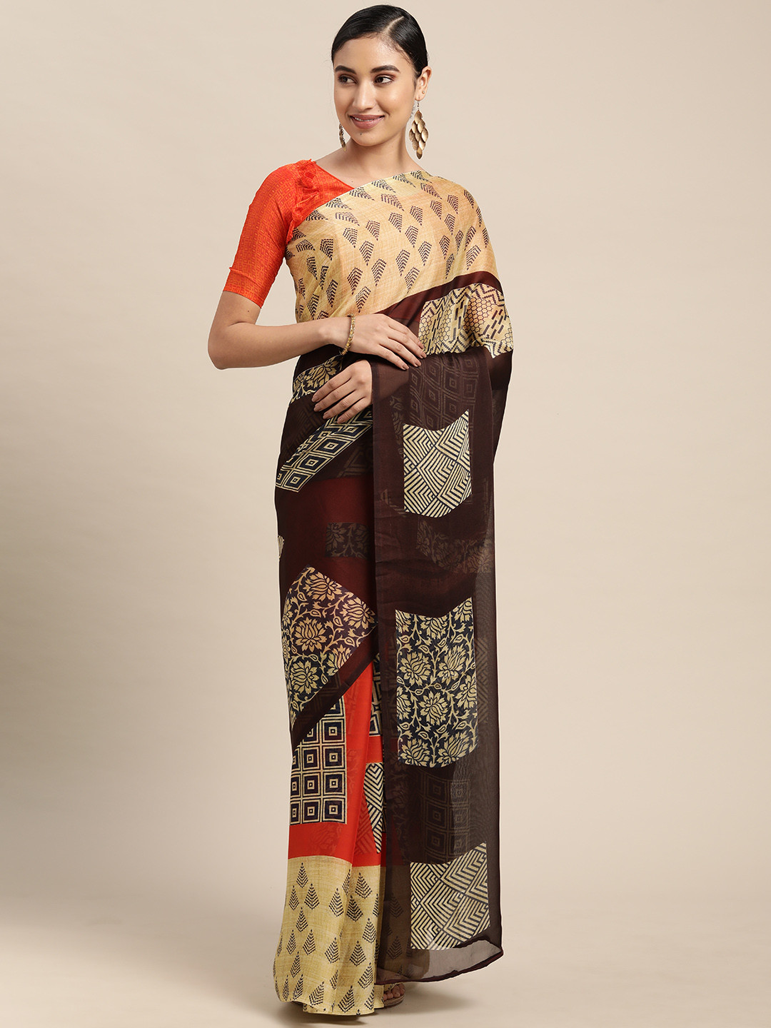 

KALINI Women Yellow & Brown Geometric Printed Half and Half Saree