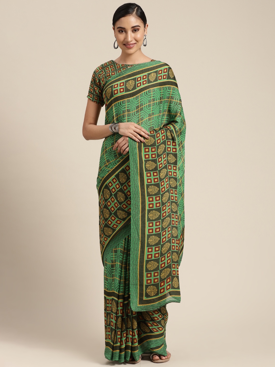 

KALINI Green & Beige Geometric Print and Checked Poly Georgette Saree