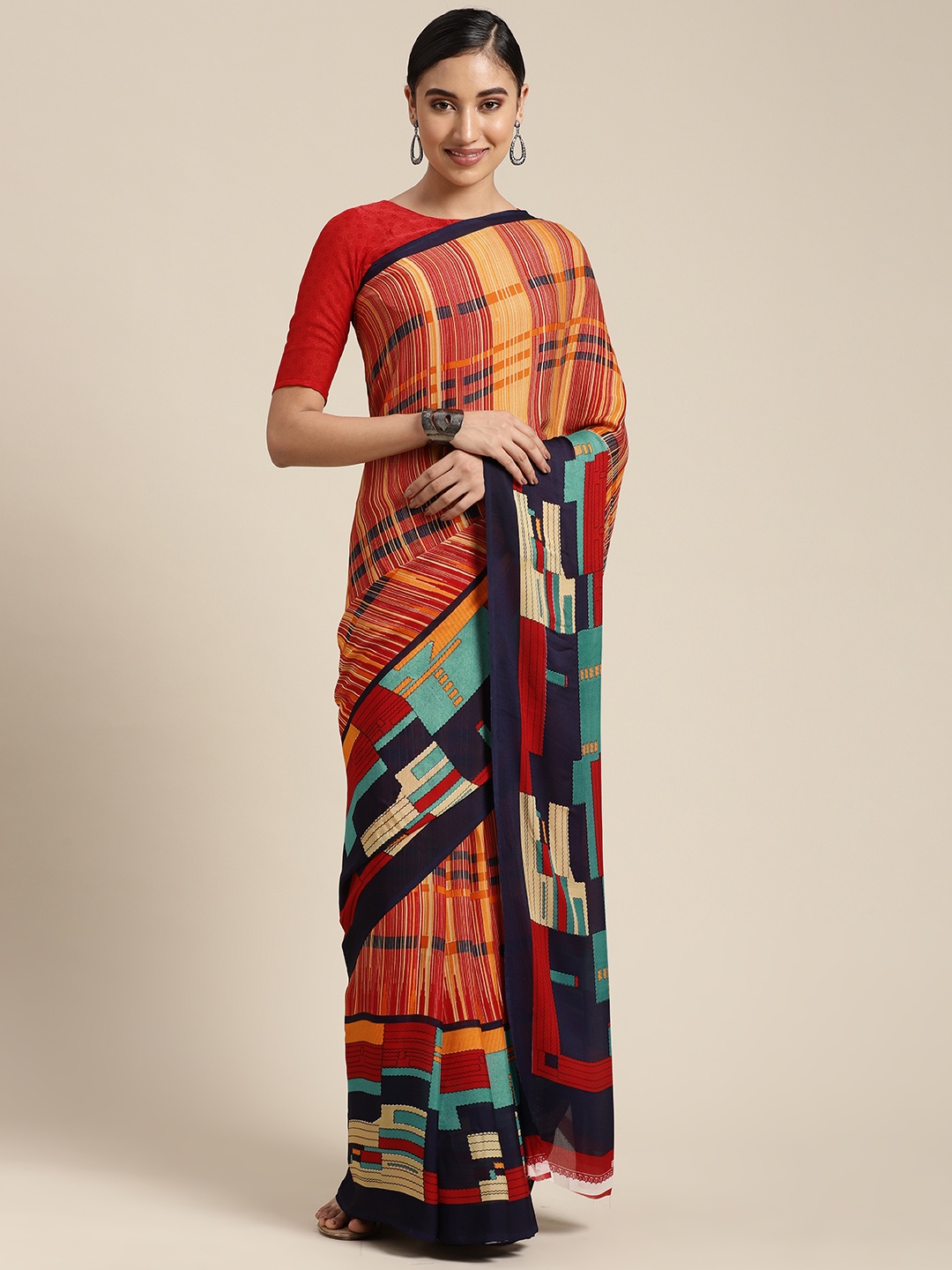 

KALINI Red & Orange Abstract Print Poly Georgette Saree