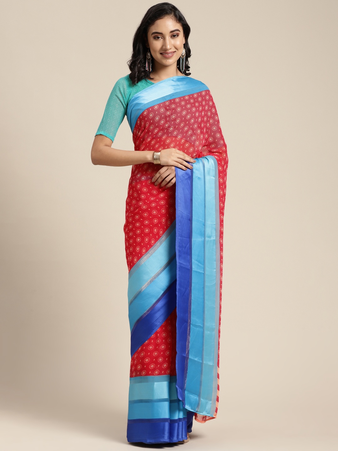 

KALINI Navy Blue & Magenta Pink Paisley Print Poly Georgette Saree