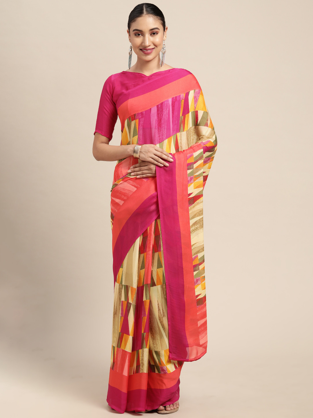 

KALINI Pink & Yellow Printed Saree