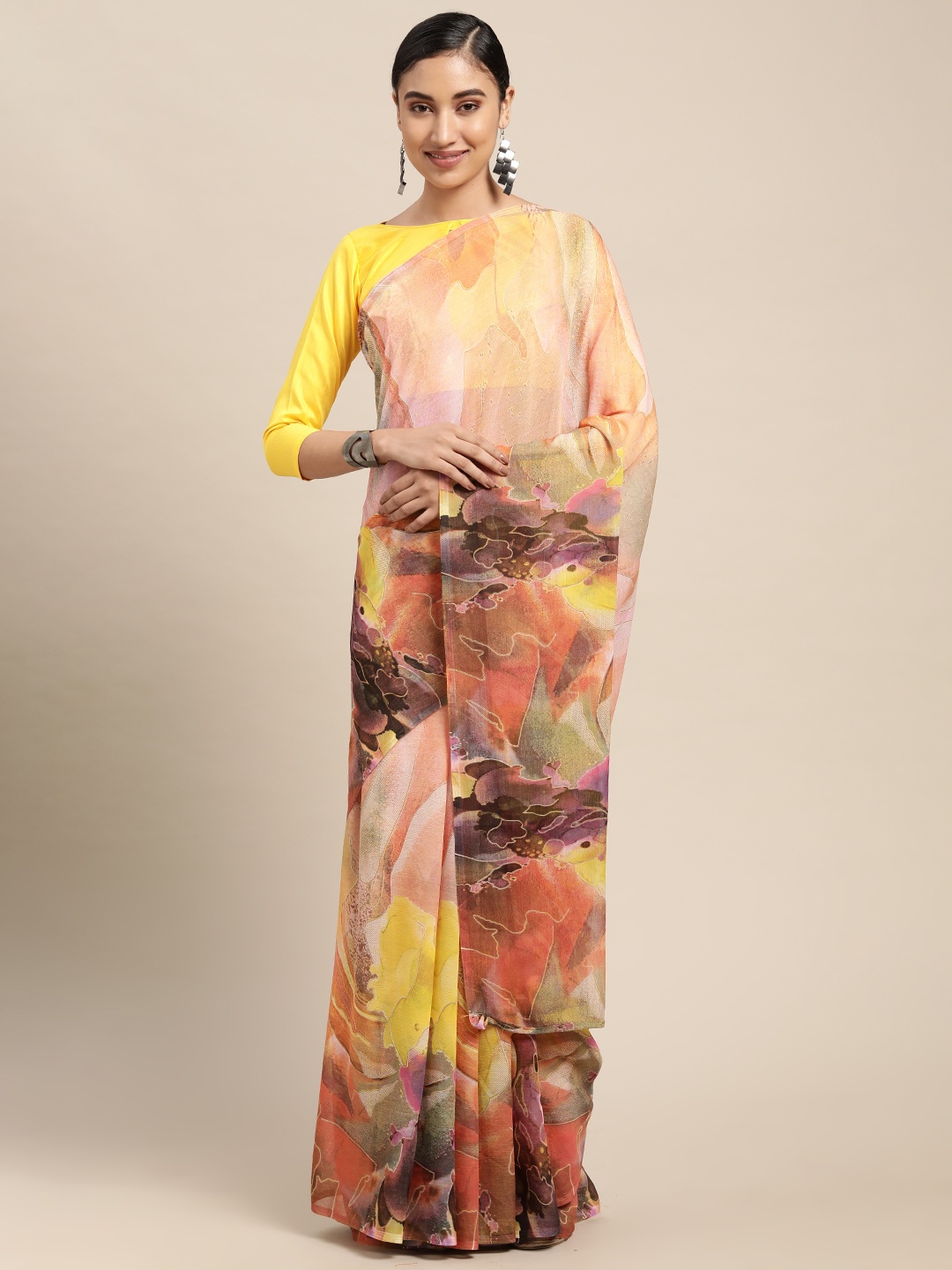 

KALINI Peach-Coloured & Mustard Yellow Printed Saree