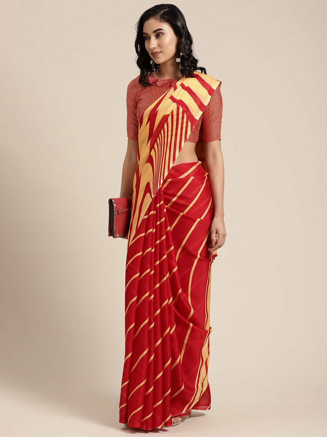 

KALINI Red & Yellow Multi Or Variegated Stripes Poly Georgette Saree