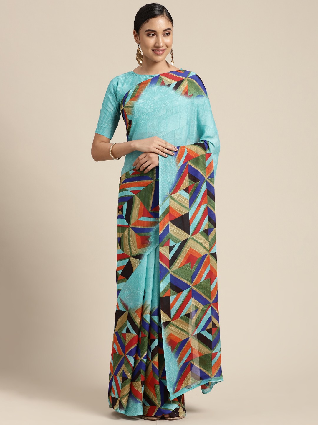 

KALINI Women Blue & Red Geometric Printed Saree