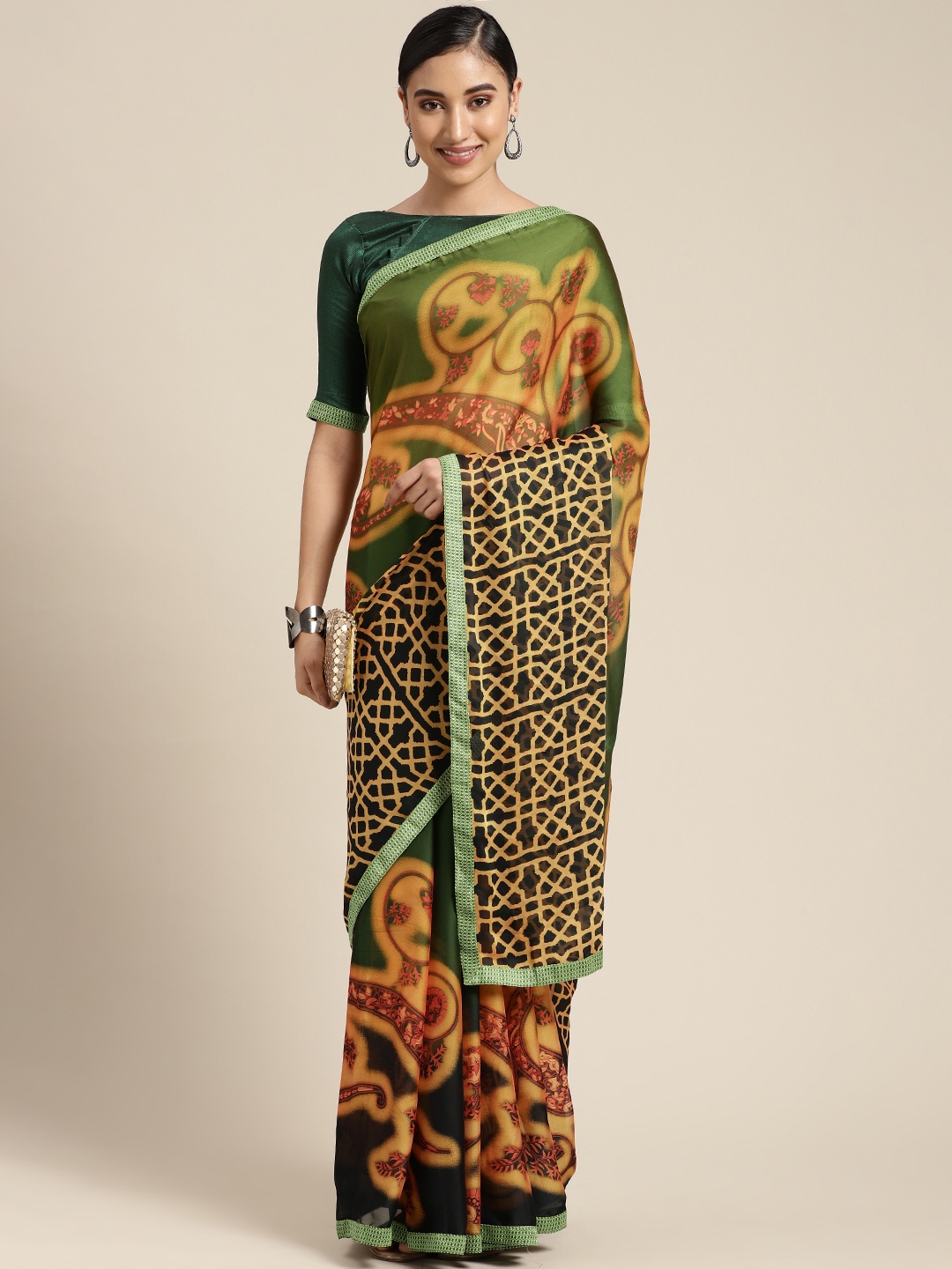 

KALINI Olive Green & Mustard Yellow Ethnic Motifs Poly Georgette Saree
