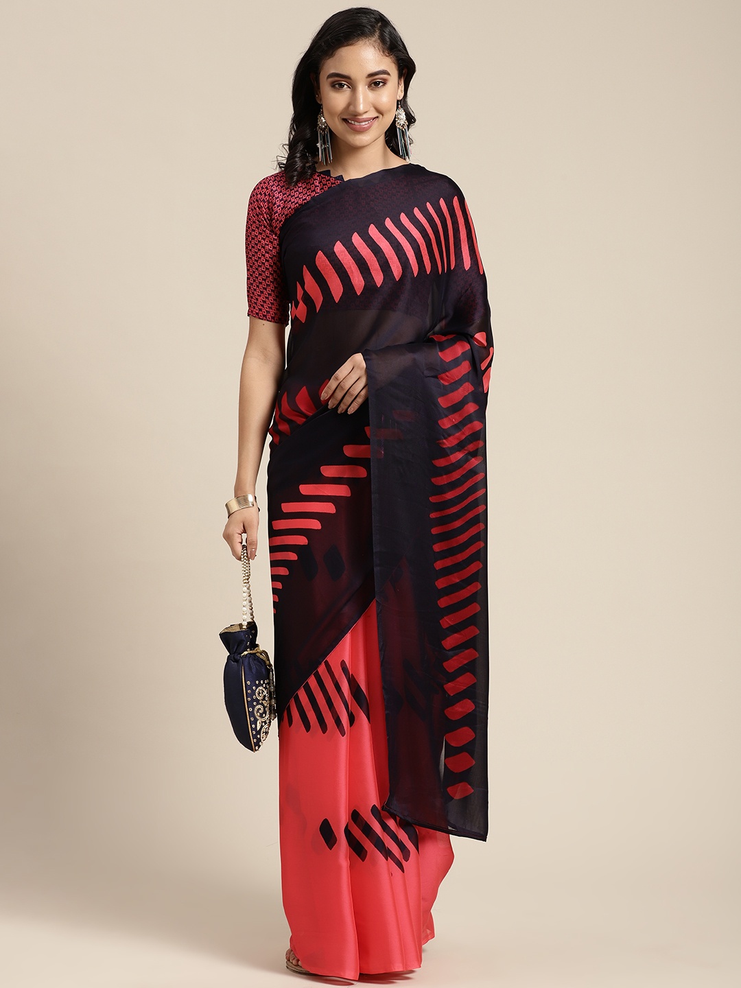 KALINI Coral Pink & Navy Blue Geometric Print Poly Georgette Saree