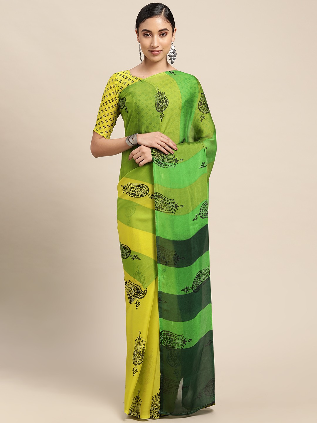 

KALINI Green & Yellow Ethnic Motifs Half and Half Saree