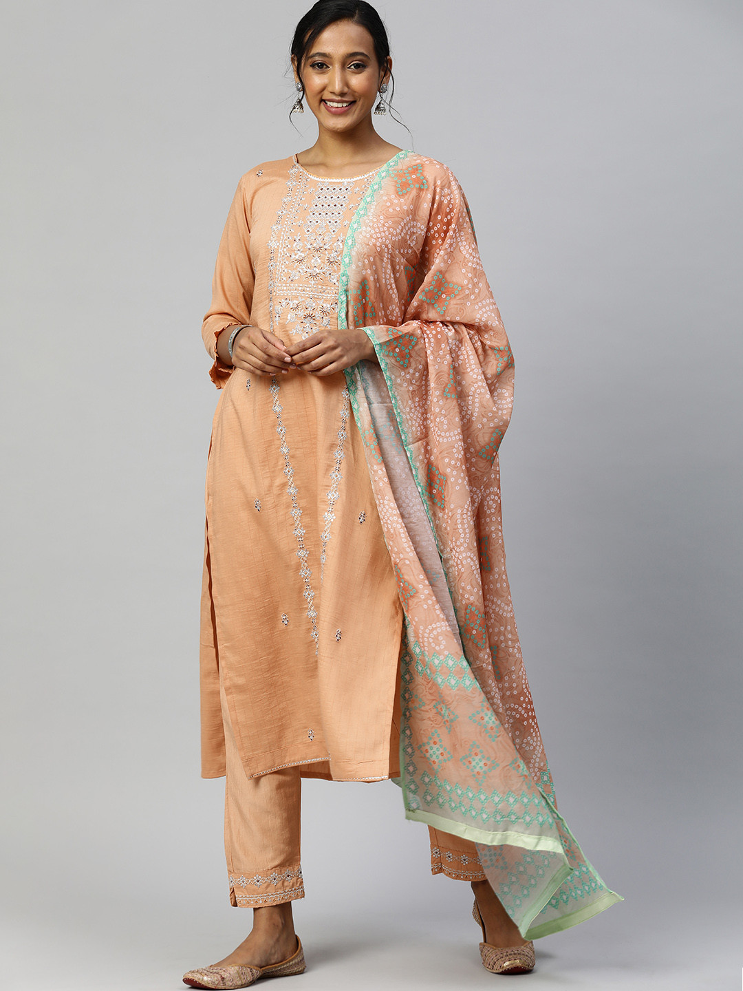 

SheWill Women Orange Ethnic Motifs Embroidered Thread Work Kurta with Trousers & With Dupatta