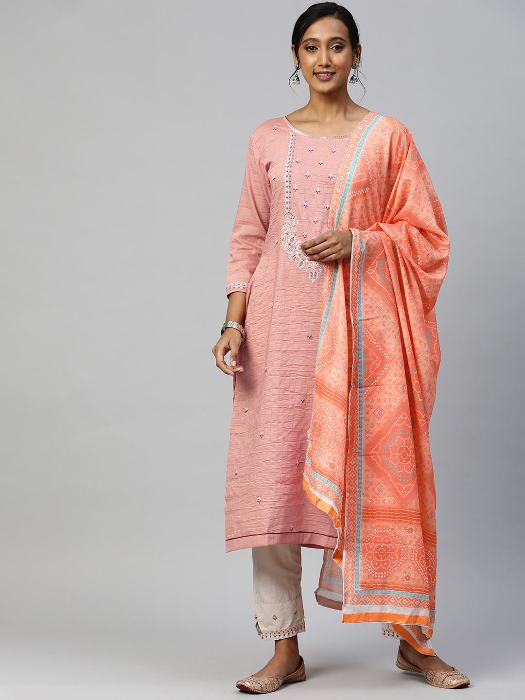 

SheWill Women Peach-Coloured Ethnic Motifs Embroidered Sequinned Kurta with Trousers & With Dupatta