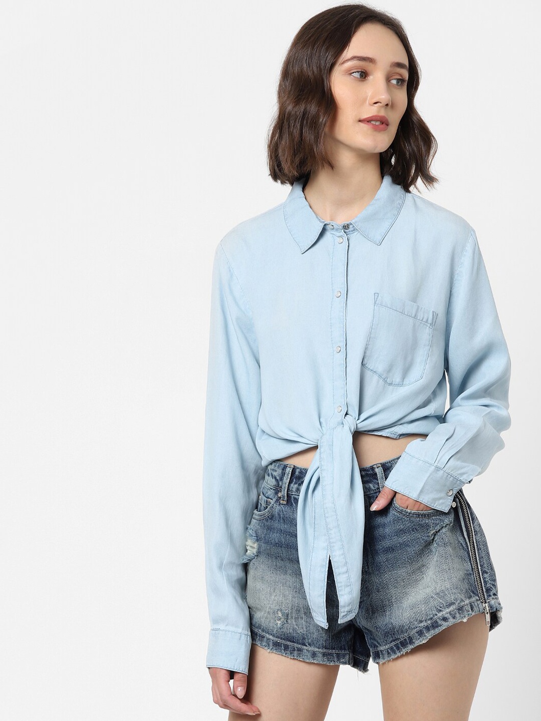 

ONLY Women Blue Faded Casual Shirt