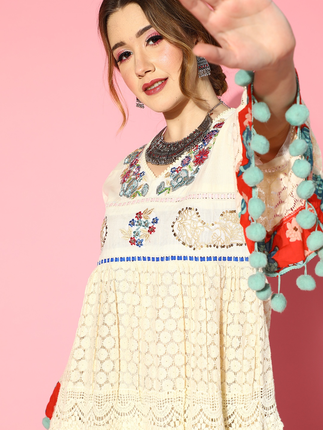 

ZOLA Women Classic Cream Ethnic Motifs Pom Pom Dress