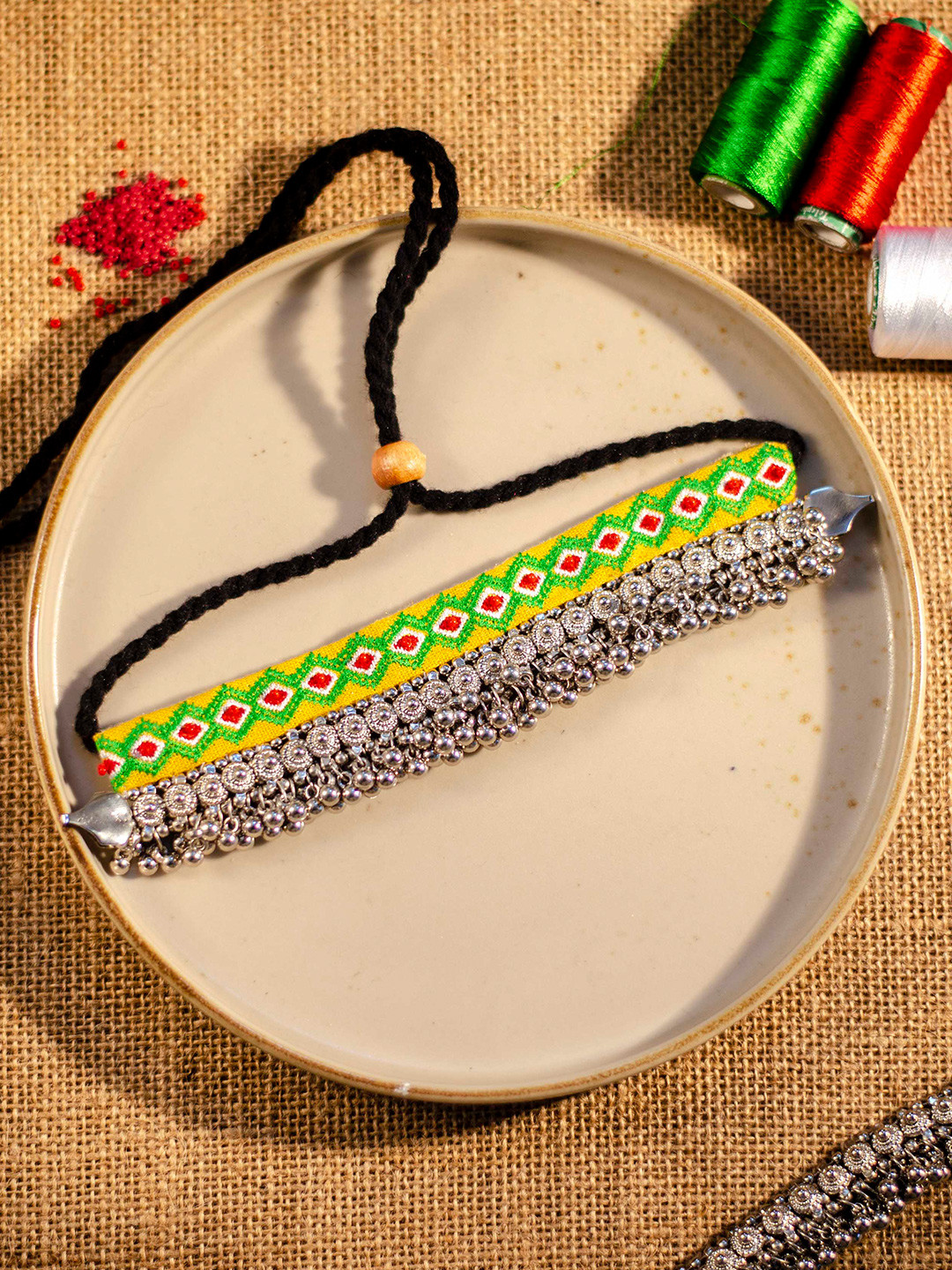 

Krafted with Happiness Silver-Toned & Green Choker Necklace