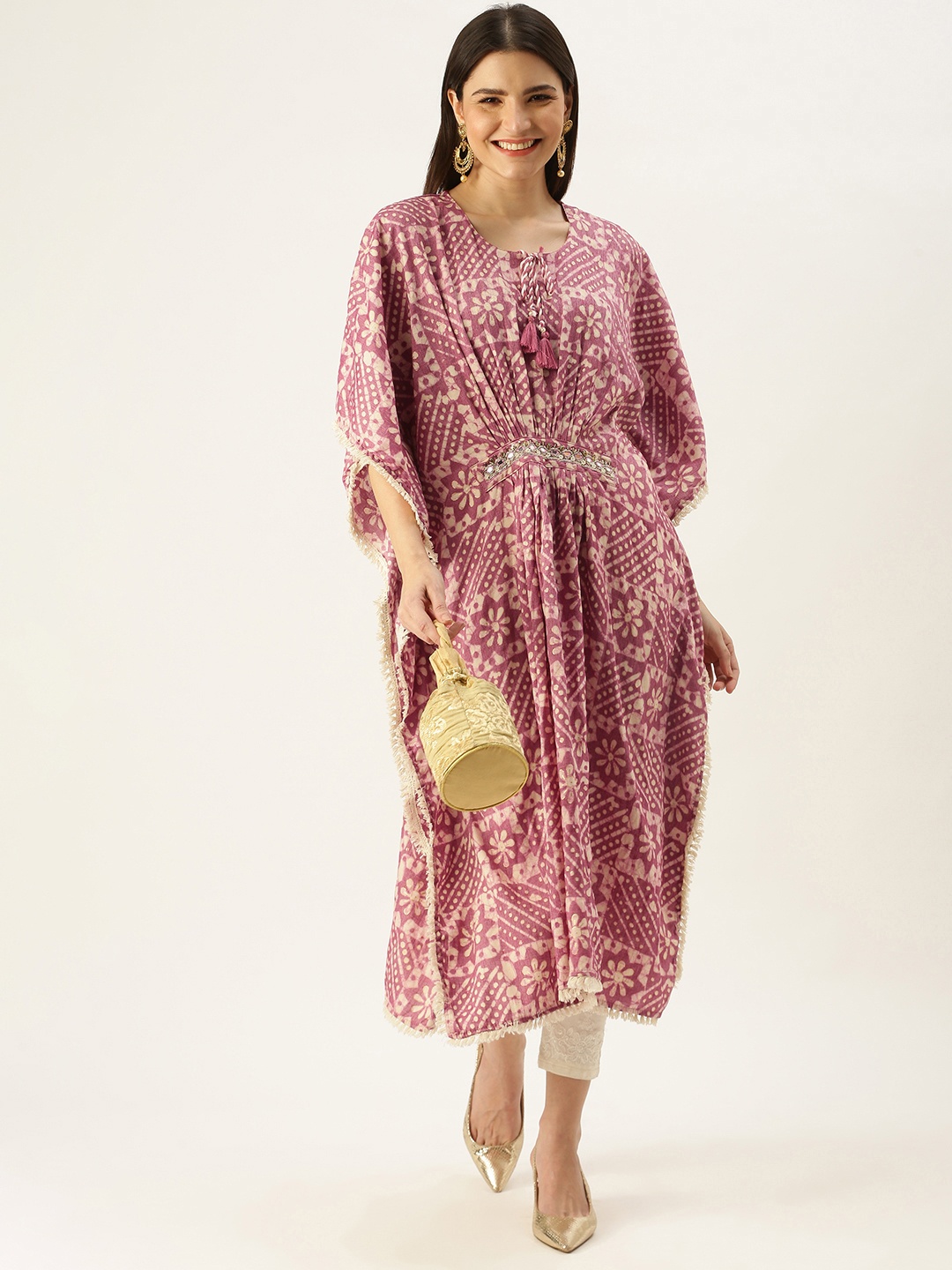 

SWAGG INDIA Women Maroon & Beige Embroidered Batik Print Kaftan Kurta