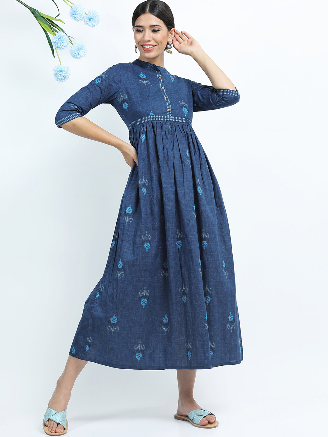 

Vishudh Woman Blue Floral Ethnic Midi Dress