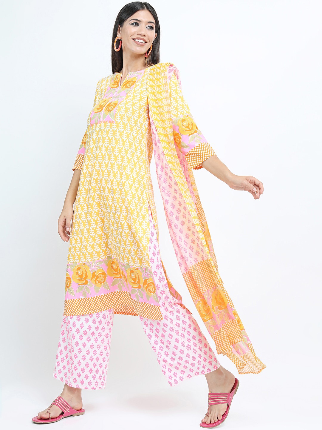

Vishudh Women Mustard & Pink Floral Printed Kurta with Palazzo and Dupatta